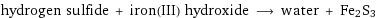 hydrogen sulfide + iron(III) hydroxide ⟶ water + Fe2S3