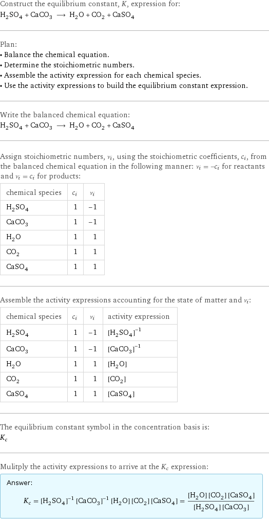 Construct the equilibrium constant, K, expression for: H_2SO_4 + CaCO_3 ⟶ H_2O + CO_2 + CaSO_4 Plan: • Balance the chemical equation. • Determine the stoichiometric numbers. • Assemble the activity expression for each chemical species. • Use the activity expressions to build the equilibrium constant expression. Write the balanced chemical equation: H_2SO_4 + CaCO_3 ⟶ H_2O + CO_2 + CaSO_4 Assign stoichiometric numbers, ν_i, using the stoichiometric coefficients, c_i, from the balanced chemical equation in the following manner: ν_i = -c_i for reactants and ν_i = c_i for products: chemical species | c_i | ν_i H_2SO_4 | 1 | -1 CaCO_3 | 1 | -1 H_2O | 1 | 1 CO_2 | 1 | 1 CaSO_4 | 1 | 1 Assemble the activity expressions accounting for the state of matter and ν_i: chemical species | c_i | ν_i | activity expression H_2SO_4 | 1 | -1 | ([H2SO4])^(-1) CaCO_3 | 1 | -1 | ([CaCO3])^(-1) H_2O | 1 | 1 | [H2O] CO_2 | 1 | 1 | [CO2] CaSO_4 | 1 | 1 | [CaSO4] The equilibrium constant symbol in the concentration basis is: K_c Mulitply the activity expressions to arrive at the K_c expression: Answer: |   | K_c = ([H2SO4])^(-1) ([CaCO3])^(-1) [H2O] [CO2] [CaSO4] = ([H2O] [CO2] [CaSO4])/([H2SO4] [CaCO3])