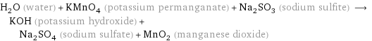 H_2O (water) + KMnO_4 (potassium permanganate) + Na_2SO_3 (sodium sulfite) ⟶ KOH (potassium hydroxide) + Na_2SO_4 (sodium sulfate) + MnO_2 (manganese dioxide)