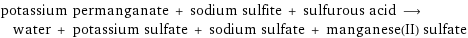 potassium permanganate + sodium sulfite + sulfurous acid ⟶ water + potassium sulfate + sodium sulfate + manganese(II) sulfate