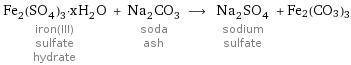 Fe_2(SO_4)_3·xH_2O iron(III) sulfate hydrate + Na_2CO_3 soda ash ⟶ Na_2SO_4 sodium sulfate + Fe2(CO3)3