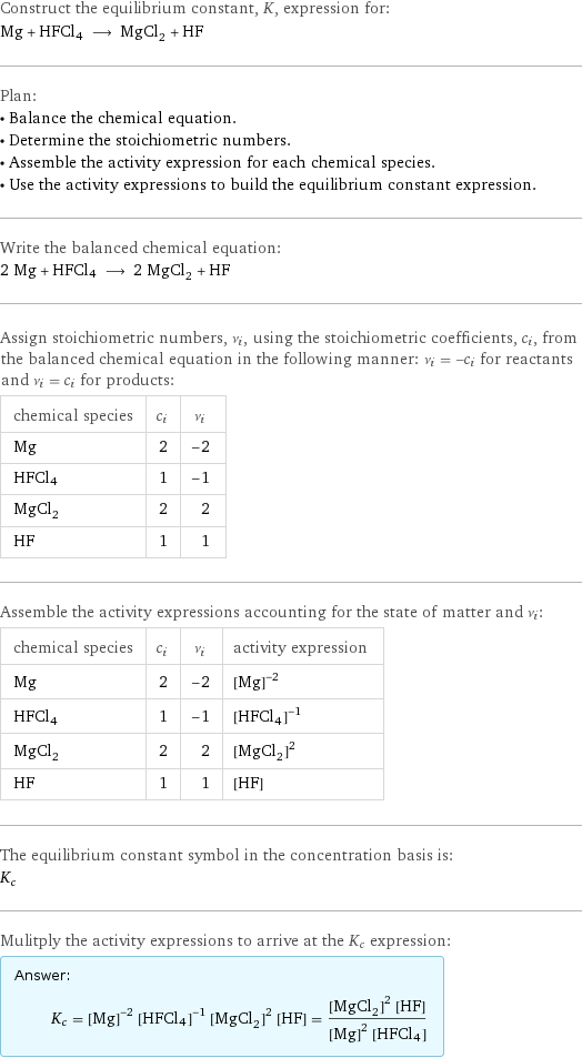 Construct the equilibrium constant, K, expression for: Mg + HFCl4 ⟶ MgCl_2 + HF Plan: • Balance the chemical equation. • Determine the stoichiometric numbers. • Assemble the activity expression for each chemical species. • Use the activity expressions to build the equilibrium constant expression. Write the balanced chemical equation: 2 Mg + HFCl4 ⟶ 2 MgCl_2 + HF Assign stoichiometric numbers, ν_i, using the stoichiometric coefficients, c_i, from the balanced chemical equation in the following manner: ν_i = -c_i for reactants and ν_i = c_i for products: chemical species | c_i | ν_i Mg | 2 | -2 HFCl4 | 1 | -1 MgCl_2 | 2 | 2 HF | 1 | 1 Assemble the activity expressions accounting for the state of matter and ν_i: chemical species | c_i | ν_i | activity expression Mg | 2 | -2 | ([Mg])^(-2) HFCl4 | 1 | -1 | ([HFCl4])^(-1) MgCl_2 | 2 | 2 | ([MgCl2])^2 HF | 1 | 1 | [HF] The equilibrium constant symbol in the concentration basis is: K_c Mulitply the activity expressions to arrive at the K_c expression: Answer: |   | K_c = ([Mg])^(-2) ([HFCl4])^(-1) ([MgCl2])^2 [HF] = (([MgCl2])^2 [HF])/(([Mg])^2 [HFCl4])