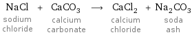NaCl sodium chloride + CaCO_3 calcium carbonate ⟶ CaCl_2 calcium chloride + Na_2CO_3 soda ash