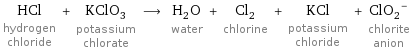 HCl hydrogen chloride + KClO_3 potassium chlorate ⟶ H_2O water + Cl_2 chlorine + KCl potassium chloride + (ClO_2)^- chlorite anion