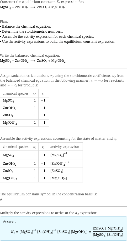 Construct the equilibrium constant, K, expression for: MgSO_4 + Zn(OH)_2 ⟶ ZnSO_4 + Mg(OH)_2 Plan: • Balance the chemical equation. • Determine the stoichiometric numbers. • Assemble the activity expression for each chemical species. • Use the activity expressions to build the equilibrium constant expression. Write the balanced chemical equation: MgSO_4 + Zn(OH)_2 ⟶ ZnSO_4 + Mg(OH)_2 Assign stoichiometric numbers, ν_i, using the stoichiometric coefficients, c_i, from the balanced chemical equation in the following manner: ν_i = -c_i for reactants and ν_i = c_i for products: chemical species | c_i | ν_i MgSO_4 | 1 | -1 Zn(OH)_2 | 1 | -1 ZnSO_4 | 1 | 1 Mg(OH)_2 | 1 | 1 Assemble the activity expressions accounting for the state of matter and ν_i: chemical species | c_i | ν_i | activity expression MgSO_4 | 1 | -1 | ([MgSO4])^(-1) Zn(OH)_2 | 1 | -1 | ([Zn(OH)2])^(-1) ZnSO_4 | 1 | 1 | [ZnSO4] Mg(OH)_2 | 1 | 1 | [Mg(OH)2] The equilibrium constant symbol in the concentration basis is: K_c Mulitply the activity expressions to arrive at the K_c expression: Answer: |   | K_c = ([MgSO4])^(-1) ([Zn(OH)2])^(-1) [ZnSO4] [Mg(OH)2] = ([ZnSO4] [Mg(OH)2])/([MgSO4] [Zn(OH)2])