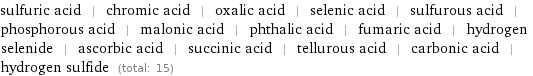 sulfuric acid | chromic acid | oxalic acid | selenic acid | sulfurous acid | phosphorous acid | malonic acid | phthalic acid | fumaric acid | hydrogen selenide | ascorbic acid | succinic acid | tellurous acid | carbonic acid | hydrogen sulfide (total: 15)