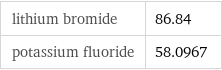 lithium bromide | 86.84 potassium fluoride | 58.0967