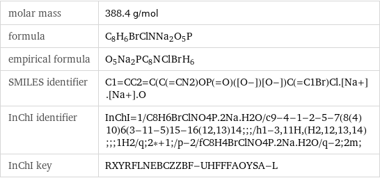 molar mass | 388.4 g/mol formula | C_8H_6BrClNNa_2O_5P empirical formula | O_5Na_2P_C_8N_Cl_Br_H_6 SMILES identifier | C1=CC2=C(C(=CN2)OP(=O)([O-])[O-])C(=C1Br)Cl.[Na+].[Na+].O InChI identifier | InChI=1/C8H6BrClNO4P.2Na.H2O/c9-4-1-2-5-7(8(4)10)6(3-11-5)15-16(12, 13)14;;;/h1-3, 11H, (H2, 12, 13, 14);;;1H2/q;2*+1;/p-2/fC8H4BrClNO4P.2Na.H2O/q-2;2m; InChI key | RXYRFLNEBCZZBF-UHFFFAOYSA-L