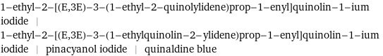 1-ethyl-2-[(E, 3E)-3-(1-ethyl-2-quinolylidene)prop-1-enyl]quinolin-1-ium iodide | 1-ethyl-2-[(E, 3E)-3-(1-ethylquinolin-2-ylidene)prop-1-enyl]quinolin-1-ium iodide | pinacyanol iodide | quinaldine blue