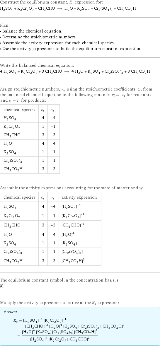 Construct the equilibrium constant, K, expression for: H_2SO_4 + K_2Cr_2O_7 + CH_3CHO ⟶ H_2O + K_2SO_4 + Cr_2(SO_4)_3 + CH_3CO_2H Plan: • Balance the chemical equation. • Determine the stoichiometric numbers. • Assemble the activity expression for each chemical species. • Use the activity expressions to build the equilibrium constant expression. Write the balanced chemical equation: 4 H_2SO_4 + K_2Cr_2O_7 + 3 CH_3CHO ⟶ 4 H_2O + K_2SO_4 + Cr_2(SO_4)_3 + 3 CH_3CO_2H Assign stoichiometric numbers, ν_i, using the stoichiometric coefficients, c_i, from the balanced chemical equation in the following manner: ν_i = -c_i for reactants and ν_i = c_i for products: chemical species | c_i | ν_i H_2SO_4 | 4 | -4 K_2Cr_2O_7 | 1 | -1 CH_3CHO | 3 | -3 H_2O | 4 | 4 K_2SO_4 | 1 | 1 Cr_2(SO_4)_3 | 1 | 1 CH_3CO_2H | 3 | 3 Assemble the activity expressions accounting for the state of matter and ν_i: chemical species | c_i | ν_i | activity expression H_2SO_4 | 4 | -4 | ([H2SO4])^(-4) K_2Cr_2O_7 | 1 | -1 | ([K2Cr2O7])^(-1) CH_3CHO | 3 | -3 | ([CH3CHO])^(-3) H_2O | 4 | 4 | ([H2O])^4 K_2SO_4 | 1 | 1 | [K2SO4] Cr_2(SO_4)_3 | 1 | 1 | [Cr2(SO4)3] CH_3CO_2H | 3 | 3 | ([CH3CO2H])^3 The equilibrium constant symbol in the concentration basis is: K_c Mulitply the activity expressions to arrive at the K_c expression: Answer: |   | K_c = ([H2SO4])^(-4) ([K2Cr2O7])^(-1) ([CH3CHO])^(-3) ([H2O])^4 [K2SO4] [Cr2(SO4)3] ([CH3CO2H])^3 = (([H2O])^4 [K2SO4] [Cr2(SO4)3] ([CH3CO2H])^3)/(([H2SO4])^4 [K2Cr2O7] ([CH3CHO])^3)