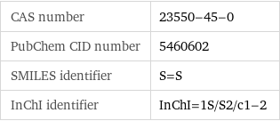 CAS number | 23550-45-0 PubChem CID number | 5460602 SMILES identifier | S=S InChI identifier | InChI=1S/S2/c1-2