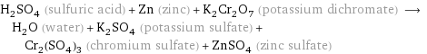 H_2SO_4 (sulfuric acid) + Zn (zinc) + K_2Cr_2O_7 (potassium dichromate) ⟶ H_2O (water) + K_2SO_4 (potassium sulfate) + Cr_2(SO_4)_3 (chromium sulfate) + ZnSO_4 (zinc sulfate)