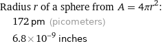 Radius r of a sphere from A = 4πr^2:  | 172 pm (picometers)  | 6.8×10^-9 inches