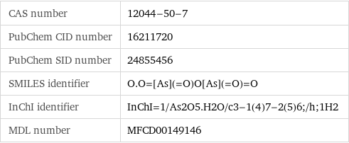 CAS number | 12044-50-7 PubChem CID number | 16211720 PubChem SID number | 24855456 SMILES identifier | O.O=[As](=O)O[As](=O)=O InChI identifier | InChI=1/As2O5.H2O/c3-1(4)7-2(5)6;/h;1H2 MDL number | MFCD00149146