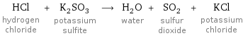 HCl hydrogen chloride + K_2SO_3 potassium sulfite ⟶ H_2O water + SO_2 sulfur dioxide + KCl potassium chloride