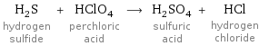 H_2S hydrogen sulfide + HClO_4 perchloric acid ⟶ H_2SO_4 sulfuric acid + HCl hydrogen chloride