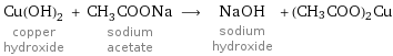 Cu(OH)_2 copper hydroxide + CH_3COONa sodium acetate ⟶ NaOH sodium hydroxide + (CH3COO)2Cu