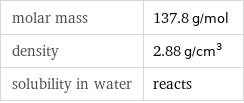 molar mass | 137.8 g/mol density | 2.88 g/cm^3 solubility in water | reacts