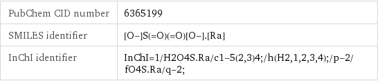 PubChem CID number | 6365199 SMILES identifier | [O-]S(=O)(=O)[O-].[Ra] InChI identifier | InChI=1/H2O4S.Ra/c1-5(2, 3)4;/h(H2, 1, 2, 3, 4);/p-2/fO4S.Ra/q-2;