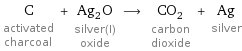 C activated charcoal + Ag_2O silver(I) oxide ⟶ CO_2 carbon dioxide + Ag silver
