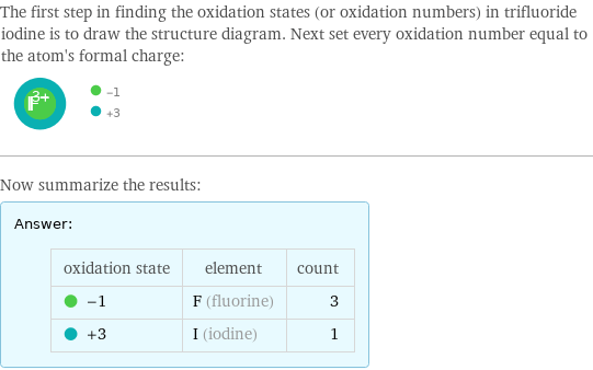 The first step in finding the oxidation states (or oxidation numbers) in trifluoride iodine is to draw the structure diagram. Next set every oxidation number equal to the atom's formal charge:  Now summarize the results: Answer: |   | oxidation state | element | count  -1 | F (fluorine) | 3  +3 | I (iodine) | 1