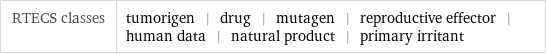 RTECS classes | tumorigen | drug | mutagen | reproductive effector | human data | natural product | primary irritant