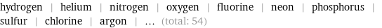 hydrogen | helium | nitrogen | oxygen | fluorine | neon | phosphorus | sulfur | chlorine | argon | ... (total: 54)