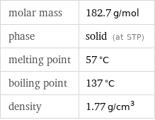 molar mass | 182.7 g/mol phase | solid (at STP) melting point | 57 °C boiling point | 137 °C density | 1.77 g/cm^3