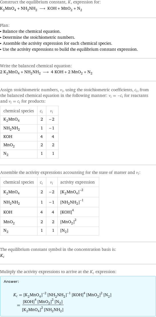 Construct the equilibrium constant, K, expression for: K_2MnO_4 + NH_2NH_2 ⟶ KOH + MnO_2 + N_2 Plan: • Balance the chemical equation. • Determine the stoichiometric numbers. • Assemble the activity expression for each chemical species. • Use the activity expressions to build the equilibrium constant expression. Write the balanced chemical equation: 2 K_2MnO_4 + NH_2NH_2 ⟶ 4 KOH + 2 MnO_2 + N_2 Assign stoichiometric numbers, ν_i, using the stoichiometric coefficients, c_i, from the balanced chemical equation in the following manner: ν_i = -c_i for reactants and ν_i = c_i for products: chemical species | c_i | ν_i K_2MnO_4 | 2 | -2 NH_2NH_2 | 1 | -1 KOH | 4 | 4 MnO_2 | 2 | 2 N_2 | 1 | 1 Assemble the activity expressions accounting for the state of matter and ν_i: chemical species | c_i | ν_i | activity expression K_2MnO_4 | 2 | -2 | ([K2MnO4])^(-2) NH_2NH_2 | 1 | -1 | ([NH2NH2])^(-1) KOH | 4 | 4 | ([KOH])^4 MnO_2 | 2 | 2 | ([MnO2])^2 N_2 | 1 | 1 | [N2] The equilibrium constant symbol in the concentration basis is: K_c Mulitply the activity expressions to arrive at the K_c expression: Answer: |   | K_c = ([K2MnO4])^(-2) ([NH2NH2])^(-1) ([KOH])^4 ([MnO2])^2 [N2] = (([KOH])^4 ([MnO2])^2 [N2])/(([K2MnO4])^2 [NH2NH2])