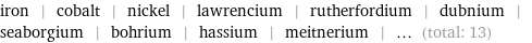 iron | cobalt | nickel | lawrencium | rutherfordium | dubnium | seaborgium | bohrium | hassium | meitnerium | ... (total: 13)