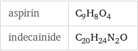 aspirin | C_9H_8O_4 indecainide | C_20H_24N_2O