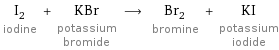 I_2 iodine + KBr potassium bromide ⟶ Br_2 bromine + KI potassium iodide