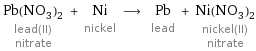 Pb(NO_3)_2 lead(II) nitrate + Ni nickel ⟶ Pb lead + Ni(NO_3)_2 nickel(II) nitrate