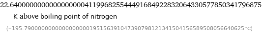 22.6400000000000000000411996825544491684922832064330577850341796875 K above boiling point of nitrogen (-195.7900000000000000000195156391047390798121341504156589508056640625 °C)