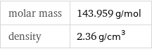 molar mass | 143.959 g/mol density | 2.36 g/cm^3