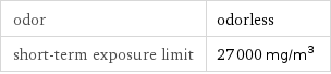 odor | odorless short-term exposure limit | 27000 mg/m^3