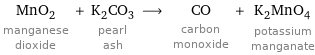 MnO_2 manganese dioxide + K_2CO_3 pearl ash ⟶ CO carbon monoxide + K_2MnO_4 potassium manganate