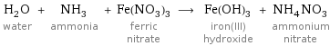 H_2O water + NH_3 ammonia + Fe(NO_3)_3 ferric nitrate ⟶ Fe(OH)_3 iron(III) hydroxide + NH_4NO_3 ammonium nitrate