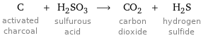 C activated charcoal + H_2SO_3 sulfurous acid ⟶ CO_2 carbon dioxide + H_2S hydrogen sulfide