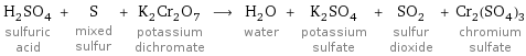 H_2SO_4 sulfuric acid + S mixed sulfur + K_2Cr_2O_7 potassium dichromate ⟶ H_2O water + K_2SO_4 potassium sulfate + SO_2 sulfur dioxide + Cr_2(SO_4)_3 chromium sulfate