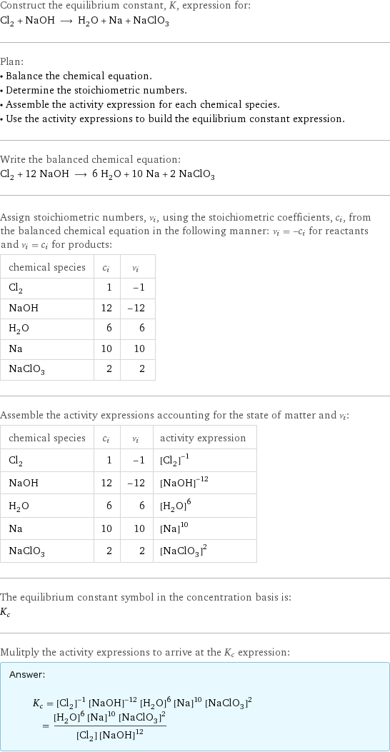 Construct the equilibrium constant, K, expression for: Cl_2 + NaOH ⟶ H_2O + Na + NaClO_3 Plan: • Balance the chemical equation. • Determine the stoichiometric numbers. • Assemble the activity expression for each chemical species. • Use the activity expressions to build the equilibrium constant expression. Write the balanced chemical equation: Cl_2 + 12 NaOH ⟶ 6 H_2O + 10 Na + 2 NaClO_3 Assign stoichiometric numbers, ν_i, using the stoichiometric coefficients, c_i, from the balanced chemical equation in the following manner: ν_i = -c_i for reactants and ν_i = c_i for products: chemical species | c_i | ν_i Cl_2 | 1 | -1 NaOH | 12 | -12 H_2O | 6 | 6 Na | 10 | 10 NaClO_3 | 2 | 2 Assemble the activity expressions accounting for the state of matter and ν_i: chemical species | c_i | ν_i | activity expression Cl_2 | 1 | -1 | ([Cl2])^(-1) NaOH | 12 | -12 | ([NaOH])^(-12) H_2O | 6 | 6 | ([H2O])^6 Na | 10 | 10 | ([Na])^10 NaClO_3 | 2 | 2 | ([NaClO3])^2 The equilibrium constant symbol in the concentration basis is: K_c Mulitply the activity expressions to arrive at the K_c expression: Answer: |   | K_c = ([Cl2])^(-1) ([NaOH])^(-12) ([H2O])^6 ([Na])^10 ([NaClO3])^2 = (([H2O])^6 ([Na])^10 ([NaClO3])^2)/([Cl2] ([NaOH])^12)