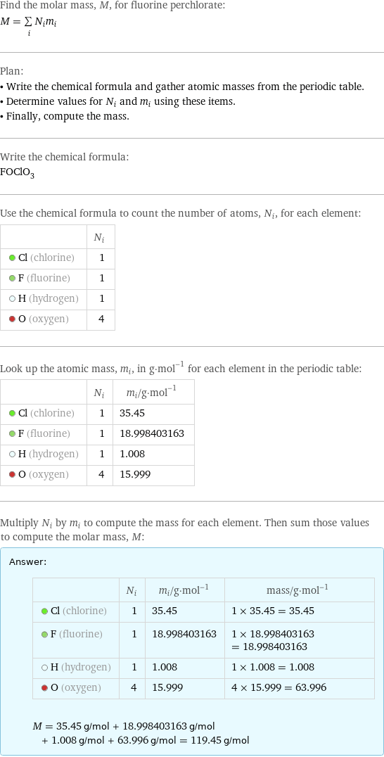 Find the molar mass, M, for fluorine perchlorate: M = sum _iN_im_i Plan: • Write the chemical formula and gather atomic masses from the periodic table. • Determine values for N_i and m_i using these items. • Finally, compute the mass. Write the chemical formula: FOClO_3 Use the chemical formula to count the number of atoms, N_i, for each element:  | N_i  Cl (chlorine) | 1  F (fluorine) | 1  H (hydrogen) | 1  O (oxygen) | 4 Look up the atomic mass, m_i, in g·mol^(-1) for each element in the periodic table:  | N_i | m_i/g·mol^(-1)  Cl (chlorine) | 1 | 35.45  F (fluorine) | 1 | 18.998403163  H (hydrogen) | 1 | 1.008  O (oxygen) | 4 | 15.999 Multiply N_i by m_i to compute the mass for each element. Then sum those values to compute the molar mass, M: Answer: |   | | N_i | m_i/g·mol^(-1) | mass/g·mol^(-1)  Cl (chlorine) | 1 | 35.45 | 1 × 35.45 = 35.45  F (fluorine) | 1 | 18.998403163 | 1 × 18.998403163 = 18.998403163  H (hydrogen) | 1 | 1.008 | 1 × 1.008 = 1.008  O (oxygen) | 4 | 15.999 | 4 × 15.999 = 63.996  M = 35.45 g/mol + 18.998403163 g/mol + 1.008 g/mol + 63.996 g/mol = 119.45 g/mol