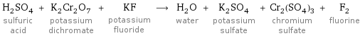 H_2SO_4 sulfuric acid + K_2Cr_2O_7 potassium dichromate + KF potassium fluoride ⟶ H_2O water + K_2SO_4 potassium sulfate + Cr_2(SO_4)_3 chromium sulfate + F_2 fluorine