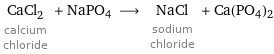 CaCl_2 calcium chloride + NaPO4 ⟶ NaCl sodium chloride + Ca(PO4)2