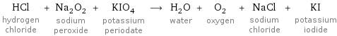 HCl hydrogen chloride + Na_2O_2 sodium peroxide + KIO_4 potassium periodate ⟶ H_2O water + O_2 oxygen + NaCl sodium chloride + KI potassium iodide