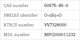 CAS number | 60676-86-0 SMILES identifier | O=[Si]=O RTECS number | VV7328000 MDL number | MFCD00011232