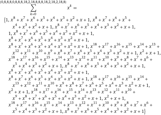 sum_(k=0)^({0, 8, 8, 8, 0, 8, 8, 8, 18, 2, 18, 8, 8, 8, 18, 2, 18, 2, 18, 8}) x^k = {1, x^8 + x^7 + x^6 + x^5 + x^4 + x^3 + x^2 + x + 1, x^8 + x^7 + x^6 + x^5 + x^4 + x^3 + x^2 + x + 1, x^8 + x^7 + x^6 + x^5 + x^4 + x^3 + x^2 + x + 1, 1, x^8 + x^7 + x^6 + x^5 + x^4 + x^3 + x^2 + x + 1, x^8 + x^7 + x^6 + x^5 + x^4 + x^3 + x^2 + x + 1, x^8 + x^7 + x^6 + x^5 + x^4 + x^3 + x^2 + x + 1, x^18 + x^17 + x^16 + x^15 + x^14 + x^13 + x^12 + x^11 + x^10 + x^9 + x^8 + x^7 + x^6 + x^5 + x^4 + x^3 + x^2 + x + 1, x^2 + x + 1, x^18 + x^17 + x^16 + x^15 + x^14 + x^13 + x^12 + x^11 + x^10 + x^9 + x^8 + x^7 + x^6 + x^5 + x^4 + x^3 + x^2 + x + 1, x^8 + x^7 + x^6 + x^5 + x^4 + x^3 + x^2 + x + 1, x^8 + x^7 + x^6 + x^5 + x^4 + x^3 + x^2 + x + 1, x^8 + x^7 + x^6 + x^5 + x^4 + x^3 + x^2 + x + 1, x^18 + x^17 + x^16 + x^15 + x^14 + x^13 + x^12 + x^11 + x^10 + x^9 + x^8 + x^7 + x^6 + x^5 + x^4 + x^3 + x^2 + x + 1, x^2 + x + 1, x^18 + x^17 + x^16 + x^15 + x^14 + x^13 + x^12 + x^11 + x^10 + x^9 + x^8 + x^7 + x^6 + x^5 + x^4 + x^3 + x^2 + x + 1, x^2 + x + 1, x^18 + x^17 + x^16 + x^15 + x^14 + x^13 + x^12 + x^11 + x^10 + x^9 + x^8 + x^7 + x^6 + x^5 + x^4 + x^3 + x^2 + x + 1, x^8 + x^7 + x^6 + x^5 + x^4 + x^3 + x^2 + x + 1}