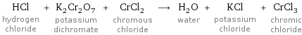 HCl hydrogen chloride + K_2Cr_2O_7 potassium dichromate + CrCl_2 chromous chloride ⟶ H_2O water + KCl potassium chloride + CrCl_3 chromic chloride