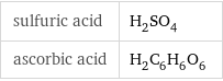 sulfuric acid | H_2SO_4 ascorbic acid | H_2C_6H_6O_6
