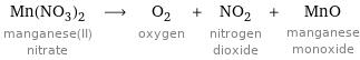 Mn(NO_3)_2 manganese(II) nitrate ⟶ O_2 oxygen + NO_2 nitrogen dioxide + MnO manganese monoxide